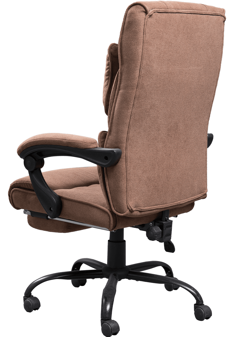 Silla ergonómica de oficina de tela de lino marrón con diseño de moda, reposabrazos de conexión de tela suave con reposapiés details