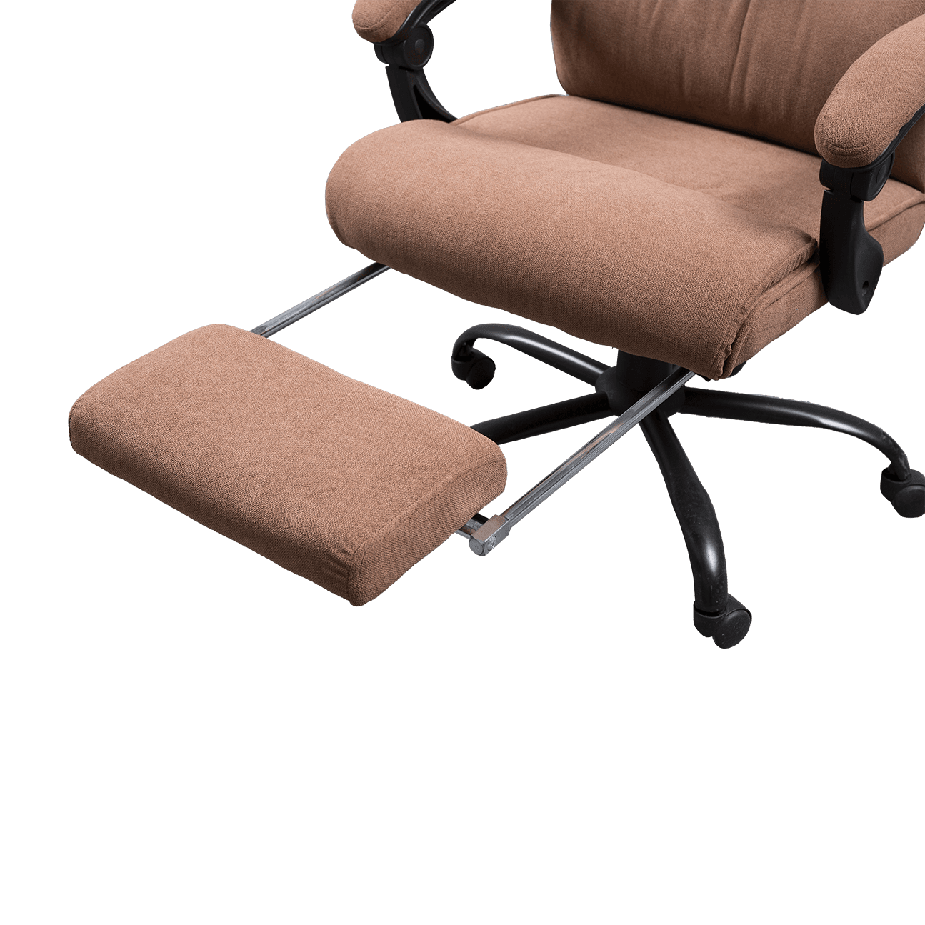 Silla ergonómica de oficina de tela de lino marrón con diseño de moda, reposabrazos de conexión de tela suave con reposapiés details